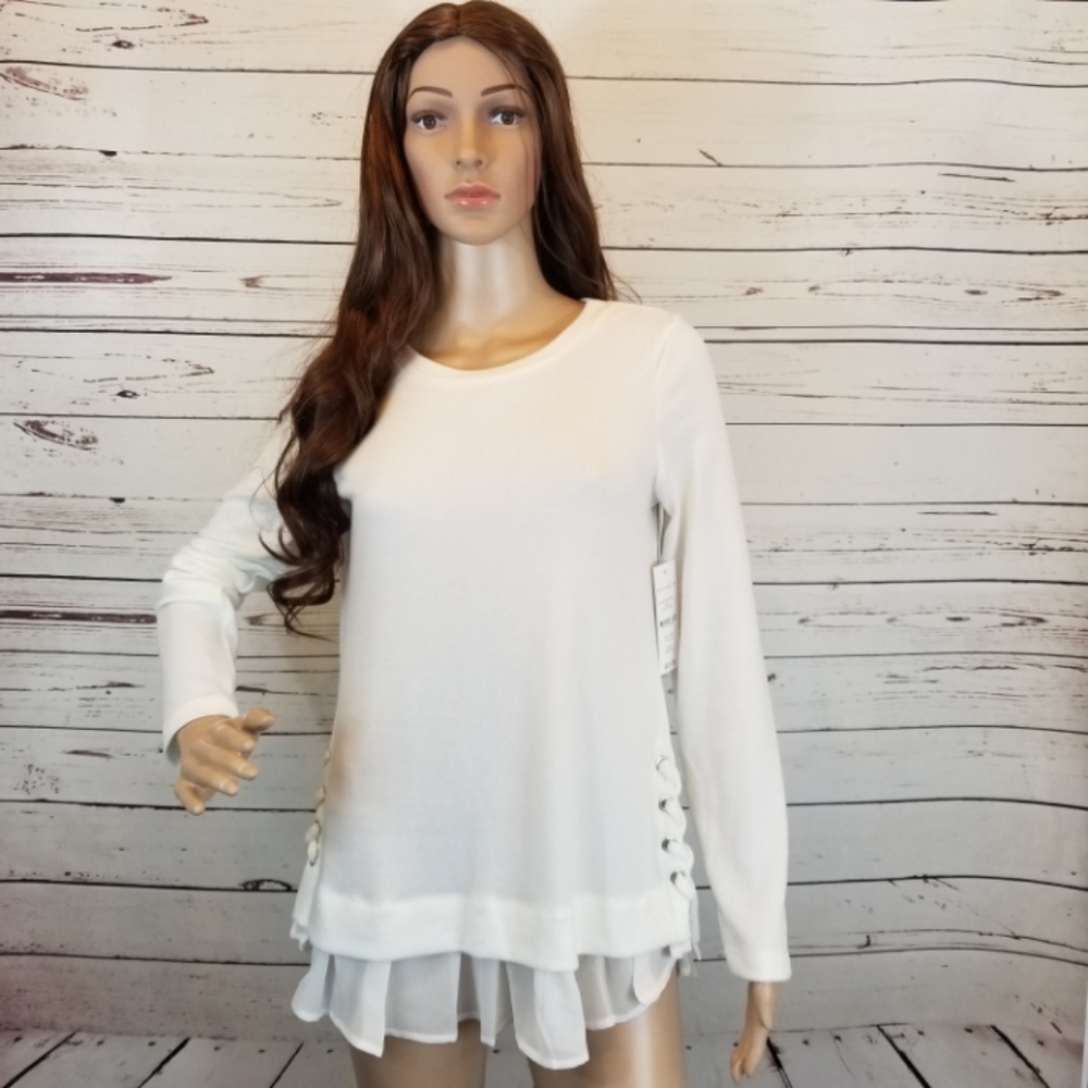 Hannah Long Sleeve Ruffled White Sweater SZ S